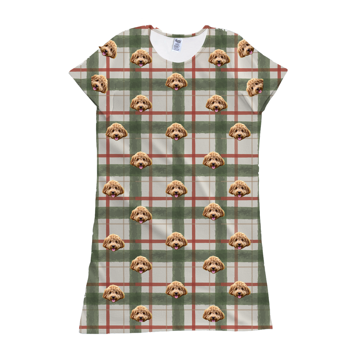 This is a nightgown in a Light Christmas Flannel print with repeating pet faces on it[LightChristmasFlannelNightgown]