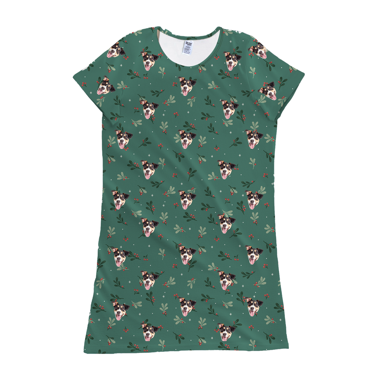 This is a nightgown in a Mistletoe print with repeating pet faces on it[MistletoeNightgown]