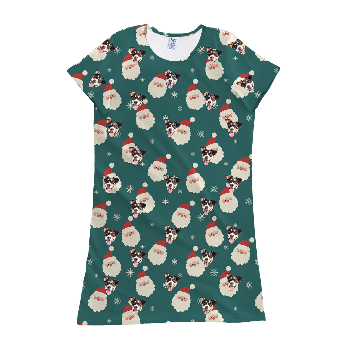 This is a nightgown in a Santa print with repeating pet faces on it[SantaNightgown]