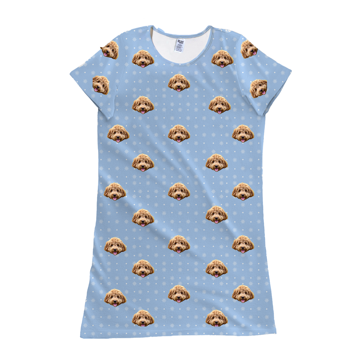 This is a nightgown in a Snowflakes print with repeating pet faces on it[SnowflakesNightgown]