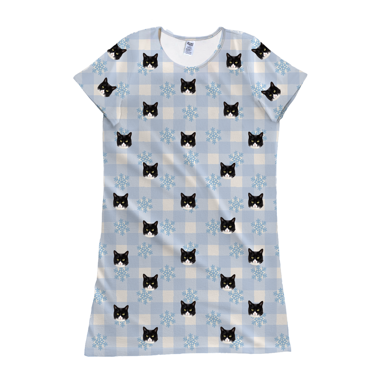 This is a nightgown in a Snowy Gingham print with repeating pet faces on it[SnowyGinghamNightgown]