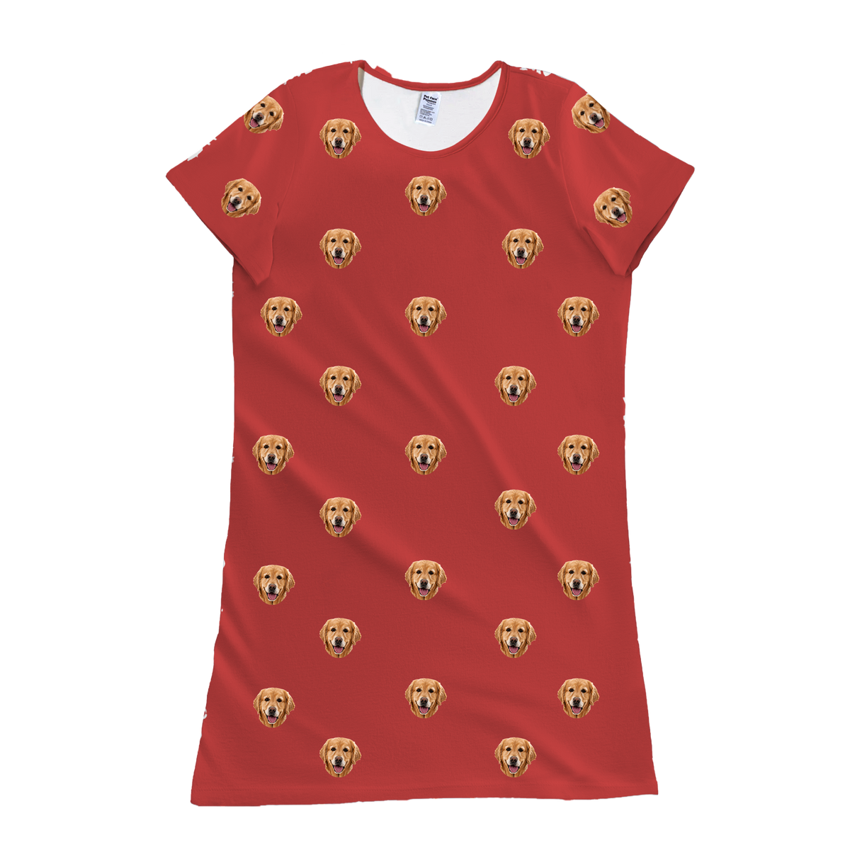 This is a nightgown in a Solid Red print with repeating pet faces on it[SolidRedNightgown]