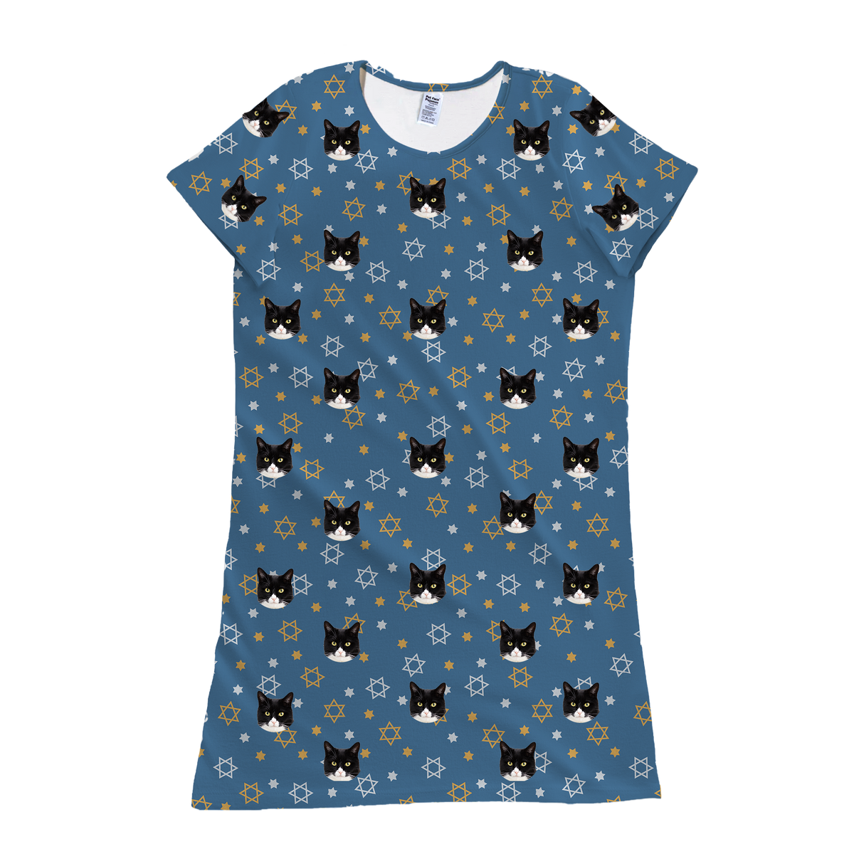 This is a nightgown in a Star of David print with repeating pet faces on it[StarofDavidNightgown]