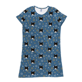 This is a nightgown in a Star of David print with repeating pet faces on it[StarofDavidNightgown]