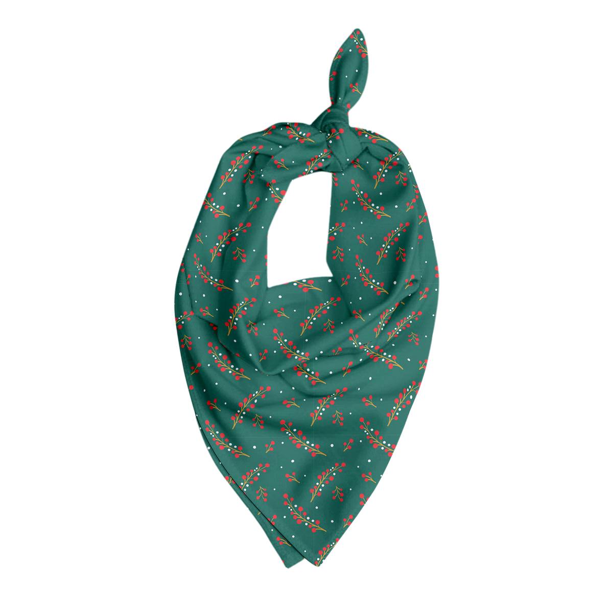 Teal pet bandana decorated with a repeating pattern of red berries and green holiday sprigs, shown tied at the top in a triangular shape against a matching berry-patterned background.