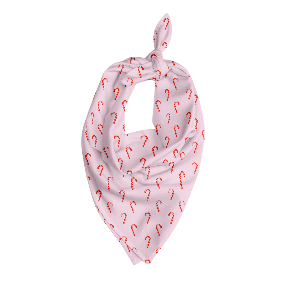 Light pink pet bandana featuring a repeating pattern of red-and-white candy canes, shown laid flat with the triangular bandana tied at the top.