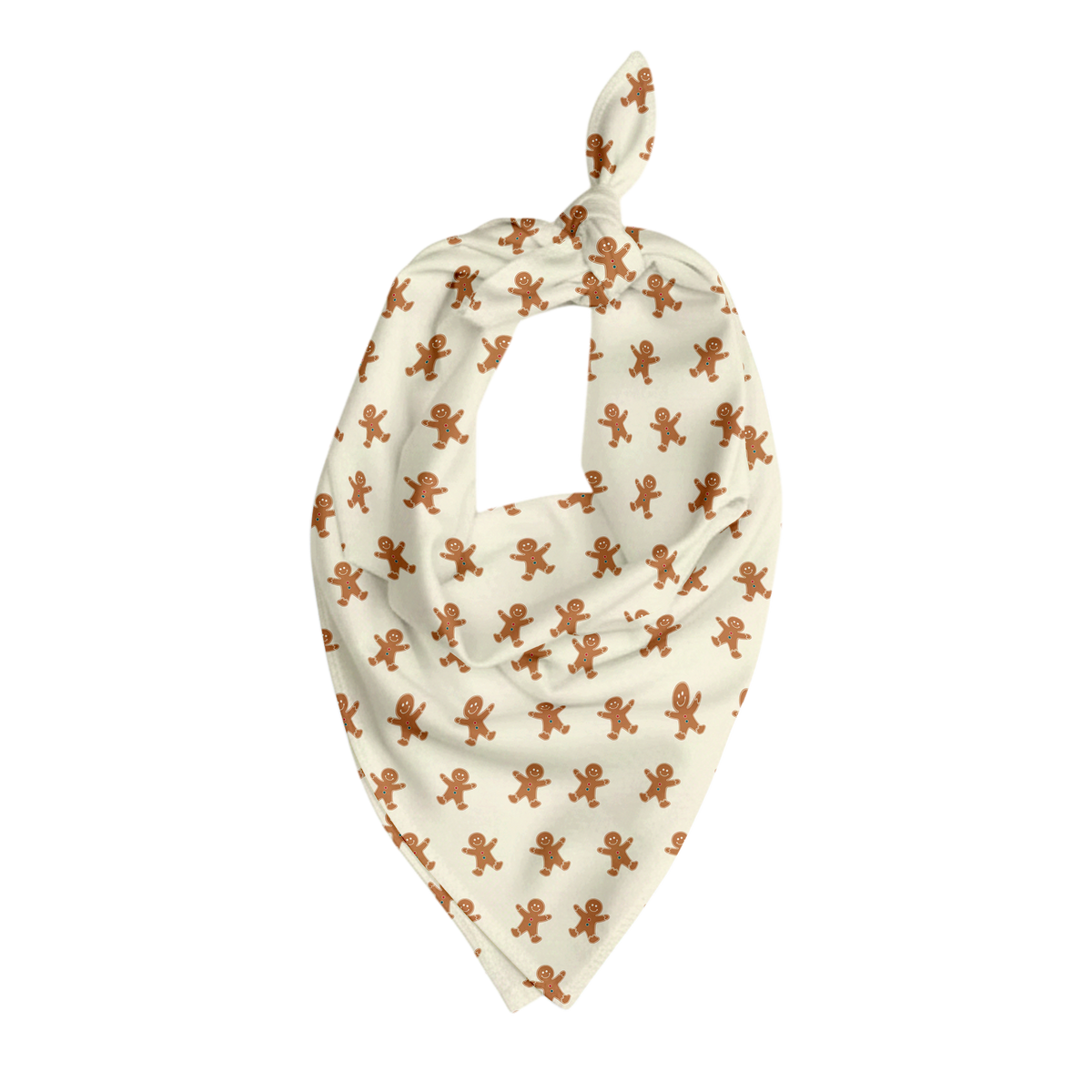 Cream-colored pet bandana featuring a repeating pattern of brown gingerbread cookie characters, shown tied at the top in a triangular shape against a matching gingerbread-patterned background.