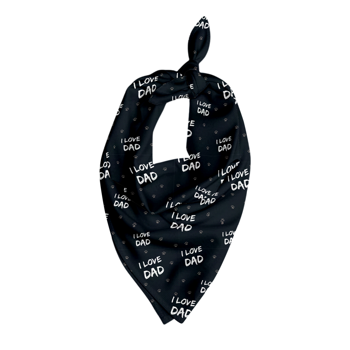 Black pet bandana with a repeating pattern of white text reading ‘I LOVE DAD’ and small gray paw prints, shown tied at the top in a triangular shape against a matching patterned background.