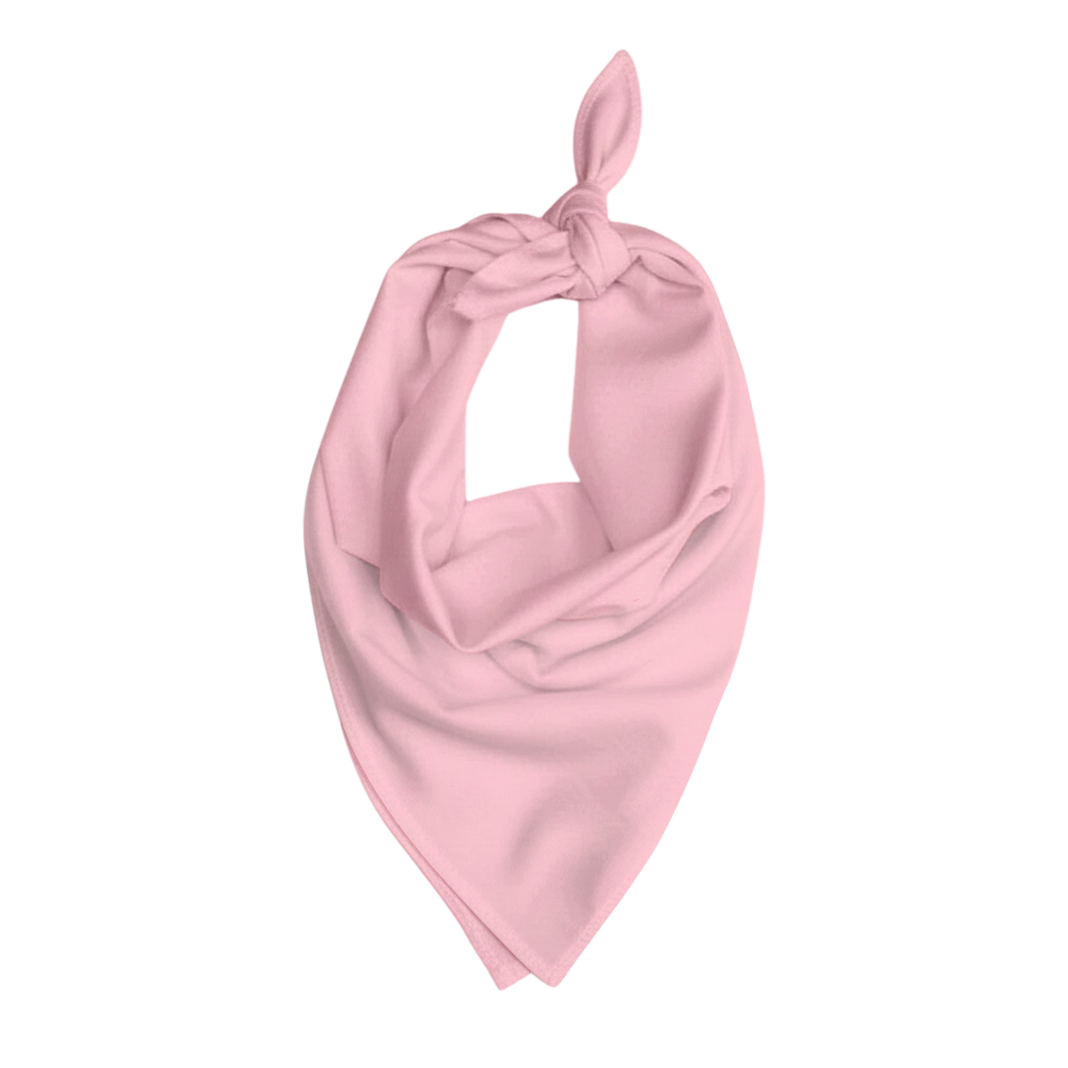 Solid light pink pet bandana with a smooth fabric texture, shown tied at the top in a triangular shape against a matching pink background.