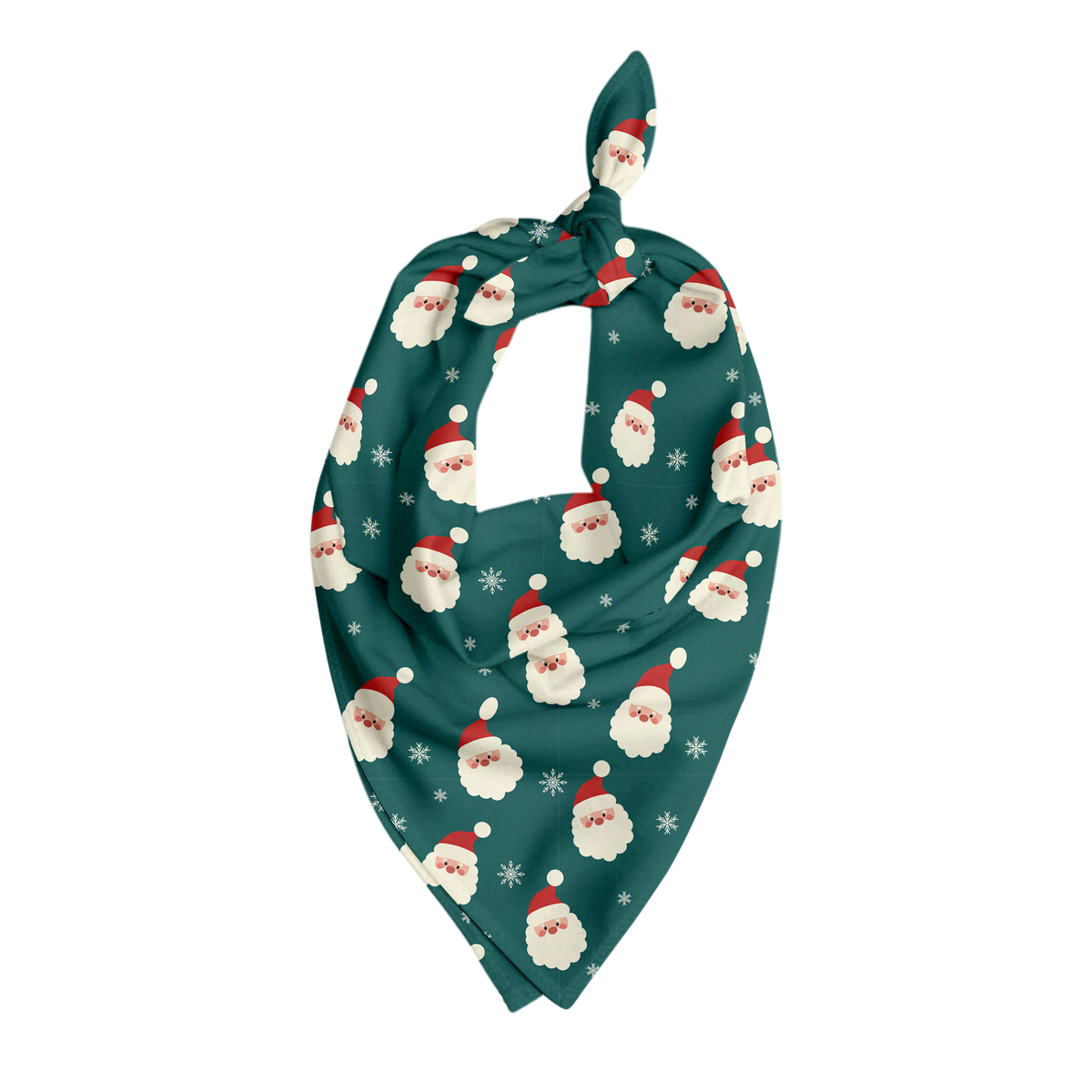 Teal pet bandana covered in a repeating pattern of cute Santa Claus faces and white snowflakes, shown tied at the top in a triangular shape against a matching Santa-patterned background.