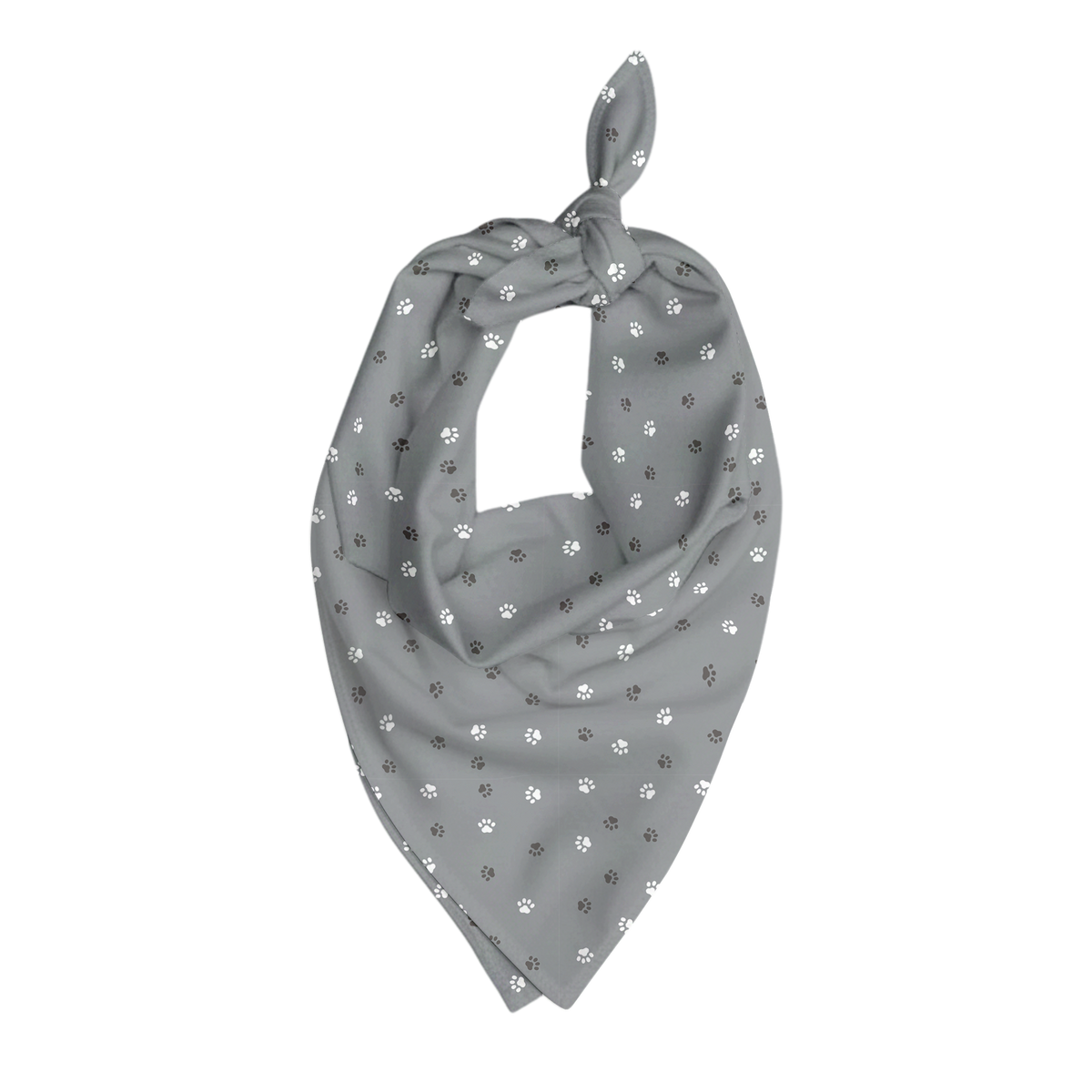 Slate gray pet bandana decorated with a repeating pattern of small white and dark gray paw prints, shown tied at the top in a triangular shape against a matching paw-print background.