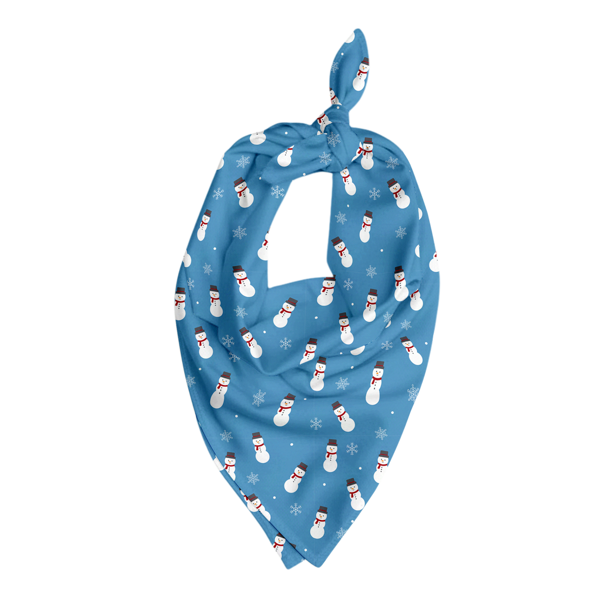 Blue pet bandana covered in a repeating pattern of cute snowmen and snowflakes, shown tied at the top in a triangular shape against a matching patterned background.