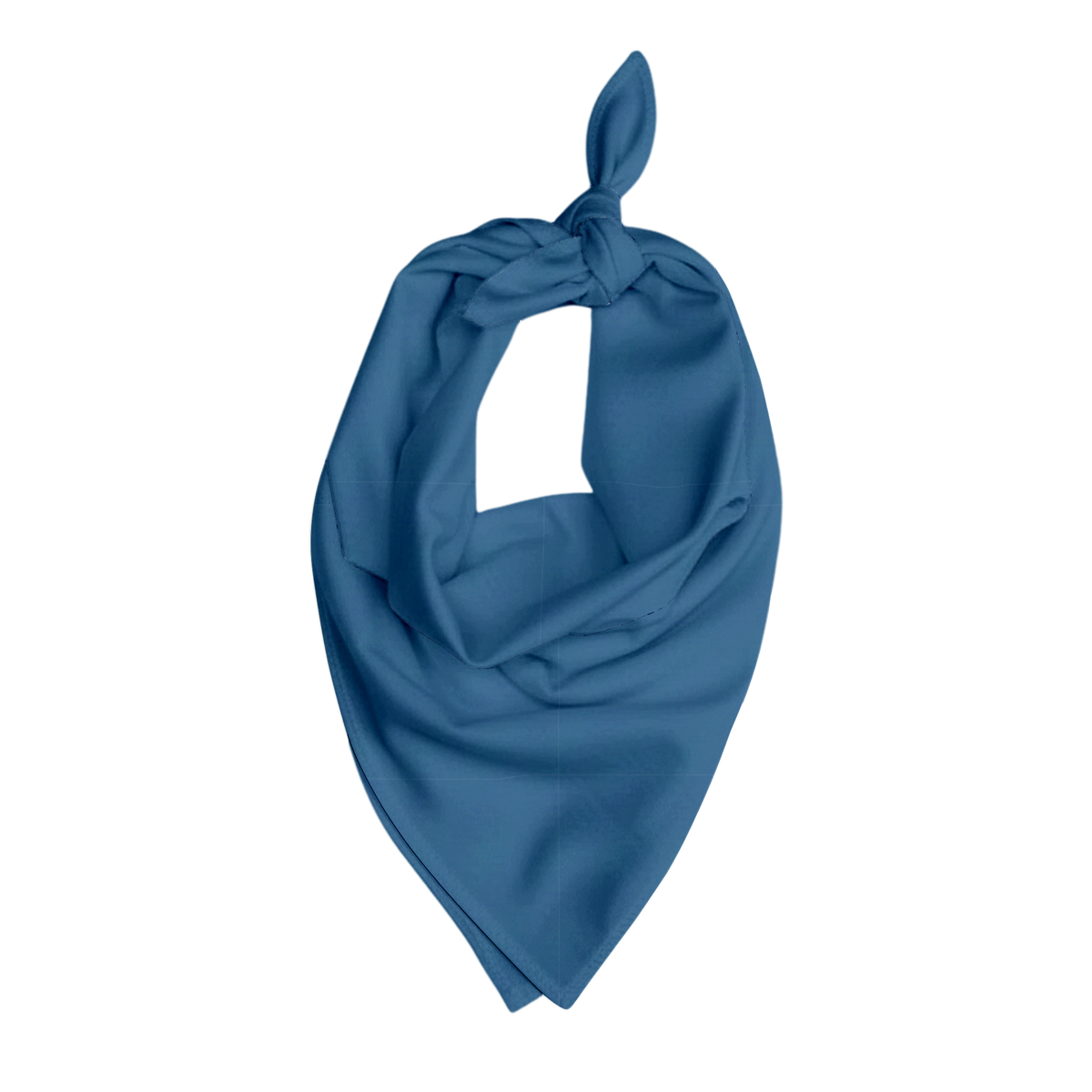 Solid blue pet bandana with a smooth fabric texture, shown tied at the top in a triangular shape against a matching blue background.
