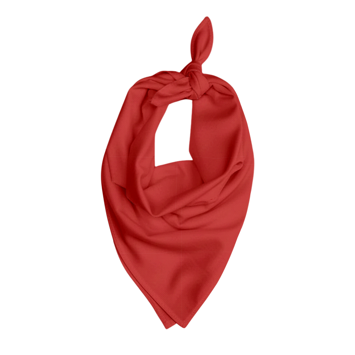 Solid red pet bandana with a smooth fabric texture, shown tied at the top in a triangular shape against a matching red background.
