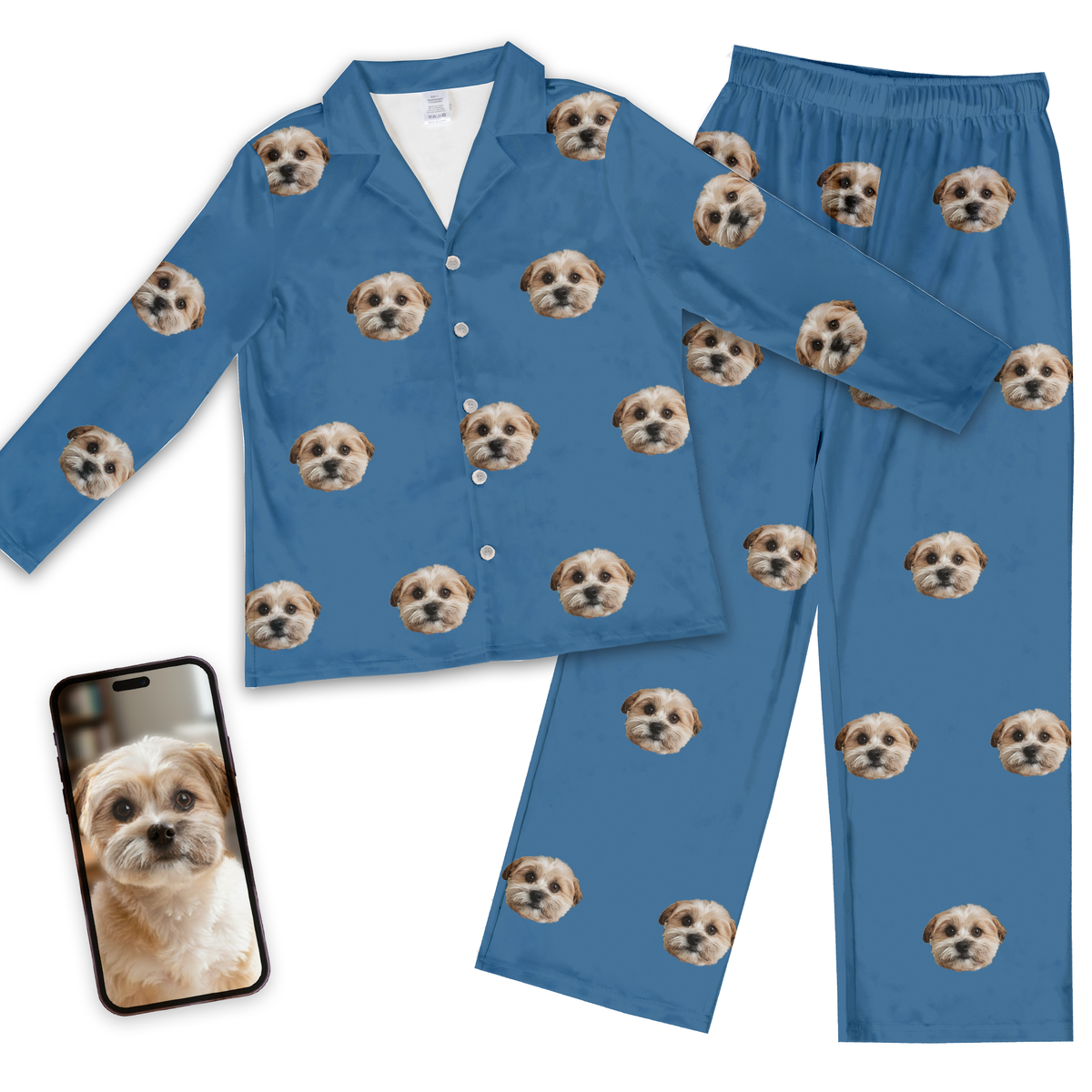 Blue long-sleeve button-up pajama set decorated with a repeating custom dog face pattern, shown next to a smartphone displaying the reference dog photo.