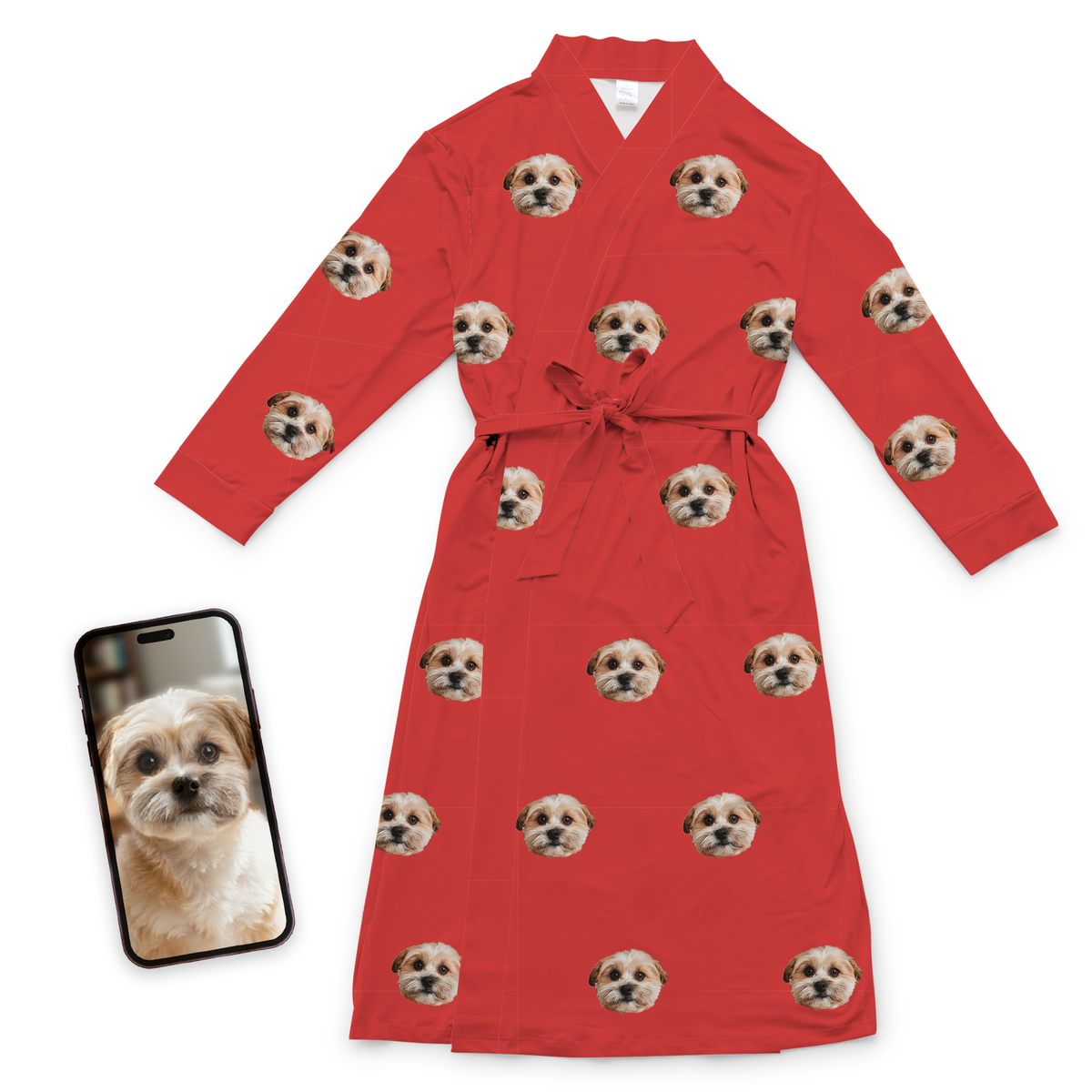 Red custom robe featuring a repeating pattern of a small fluffy dog’s face, displayed next to a smartphone showing the original pet photo.