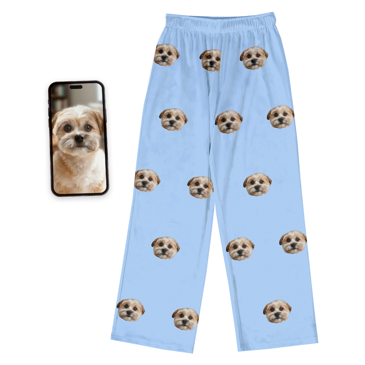 Light blue custom pajama pants featuring a repeating pattern of a small tan-and-white dog’s face.