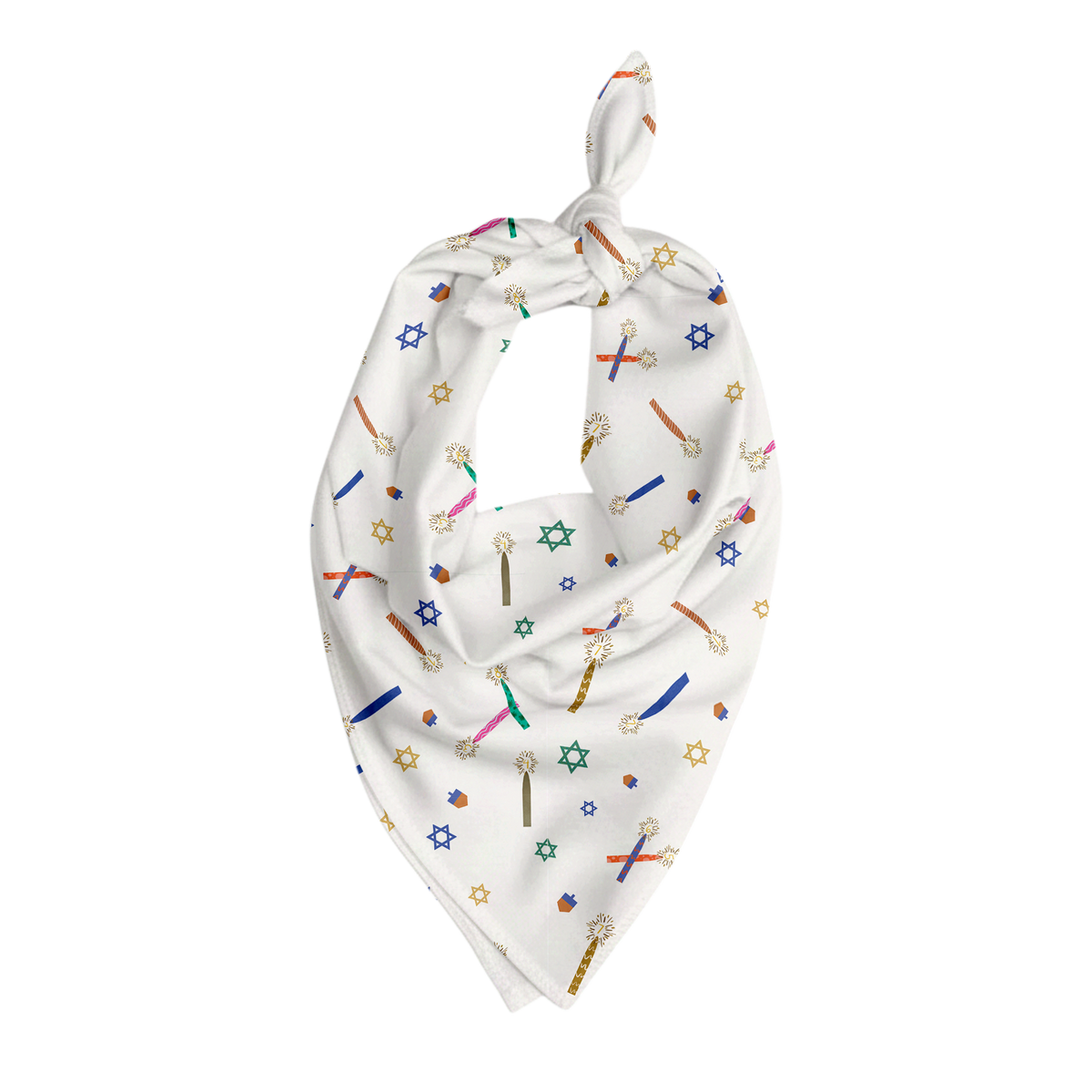 Pet bandana in white with colorful Hanukkah symbols including menorahs, dreidels, and Stars of David in triangular tie style