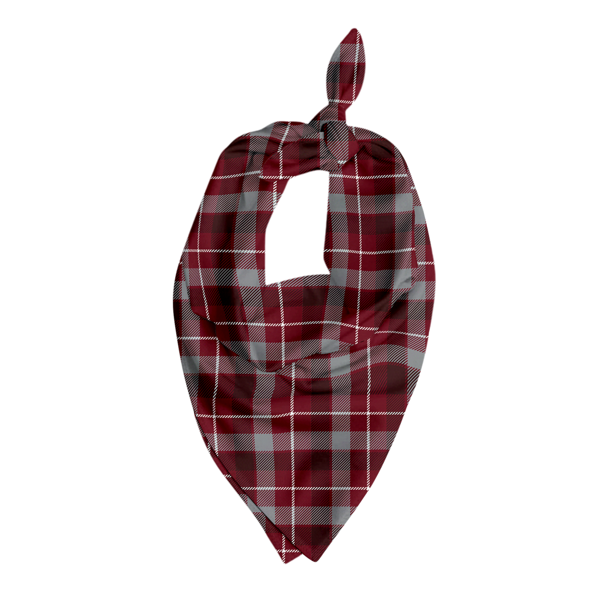 Pet bandana in red, gray, and white plaid pattern in triangular tie style