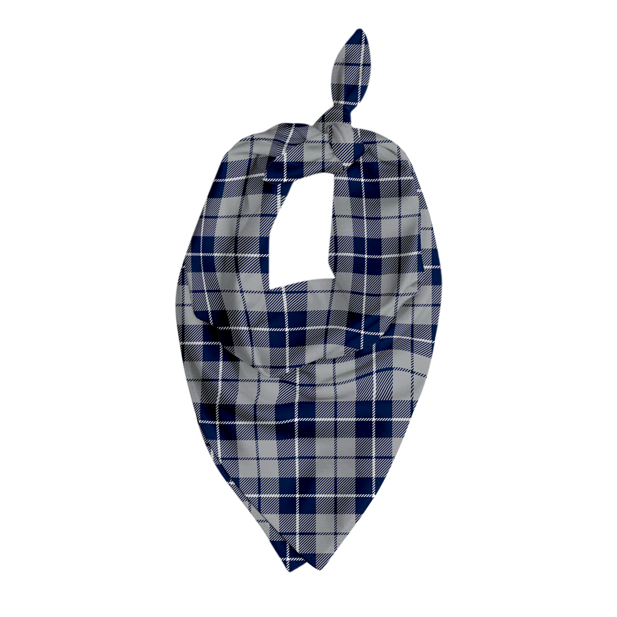 Pet bandana in silver, gray, and blue plaid pattern in triangular tie style