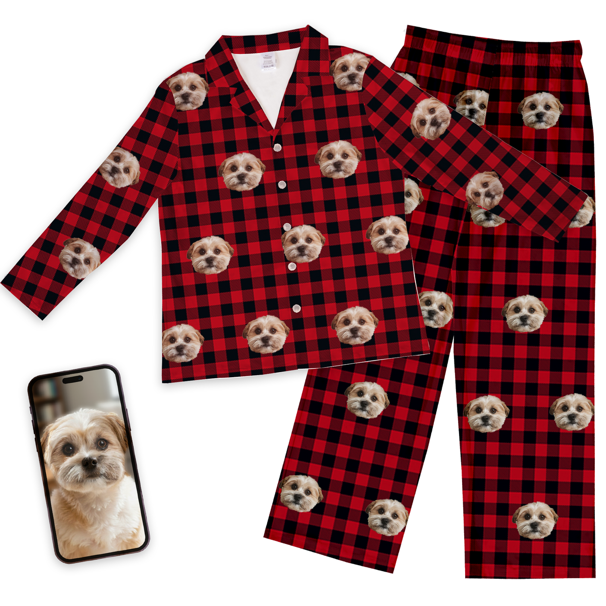 Custom Pet Face Christmas Pajamas  - Buffalo Plaid