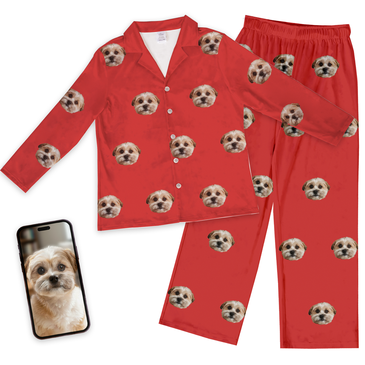 Custom Pet Face Christmas Pajamas  - Solid Red