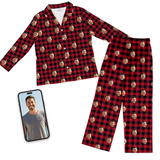 Red and black plaid custom face pajamas shown beside phone displaying the original photo used