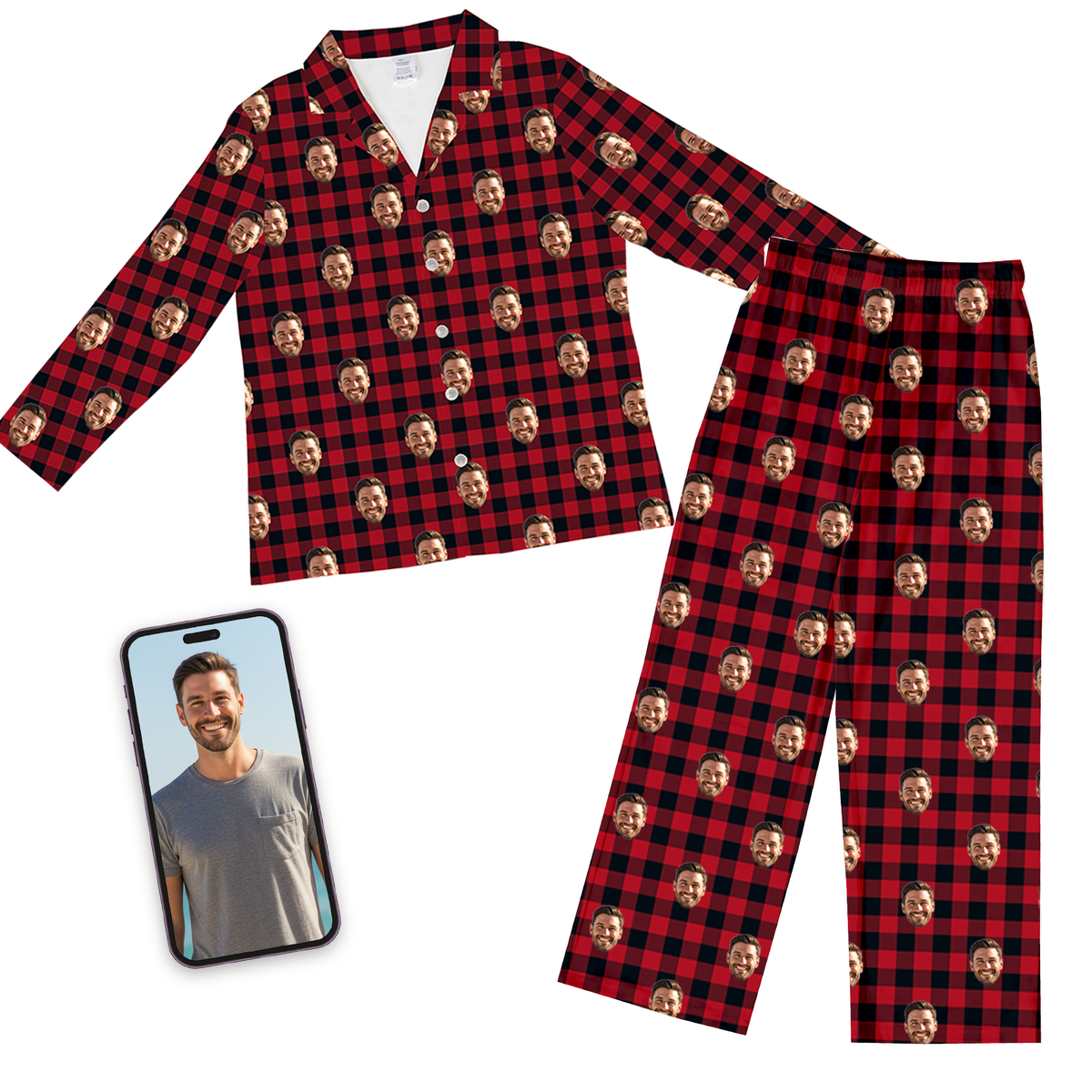 Long-sleeved pajama set in red and black buffalo plaid, customized with a repeating pattern of a smiling man's face. A smartphone displays the original photo of the man used for the design next to the pajamas.