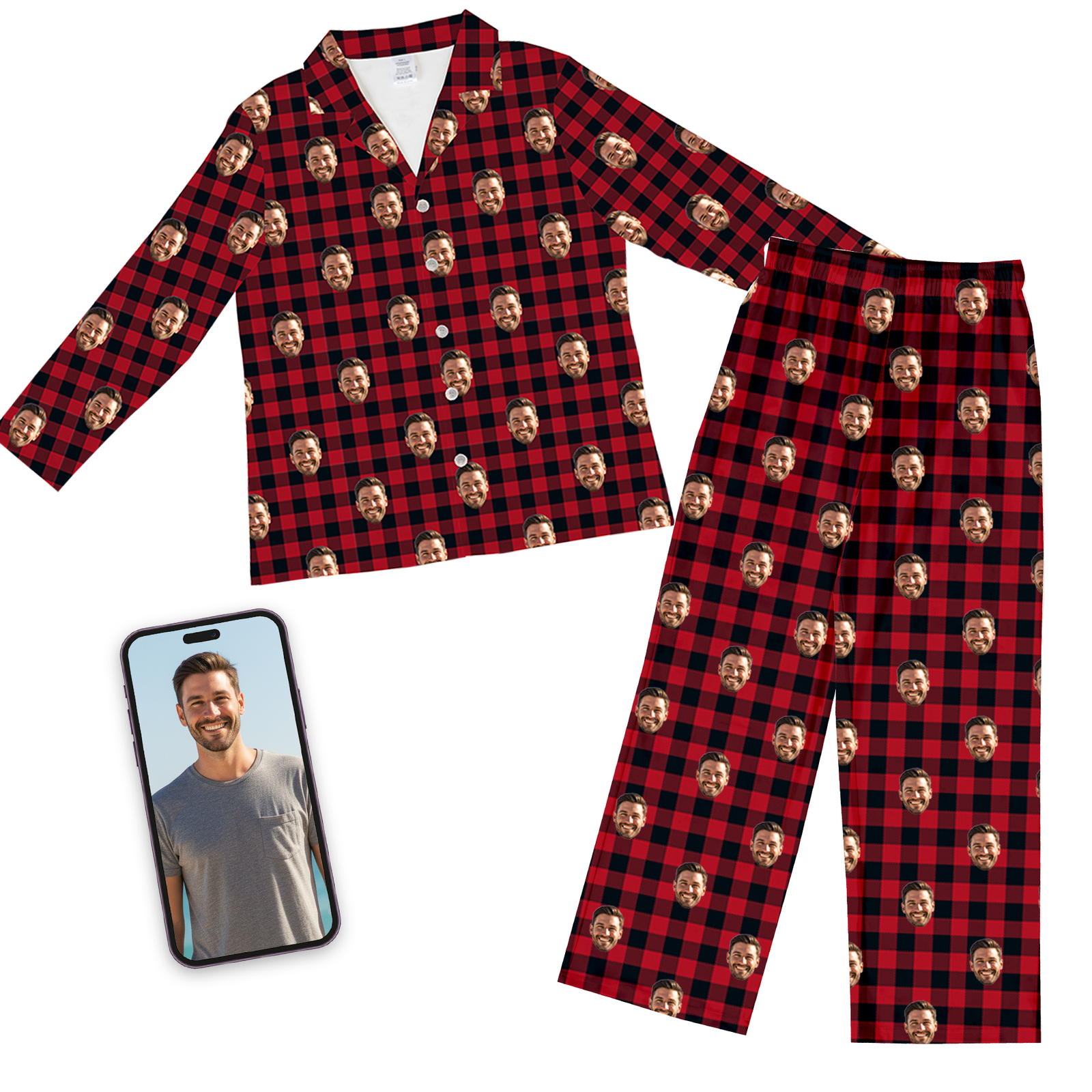 Long-sleeved pajama set in red and black buffalo plaid, customized with a repeating pattern of a smiling man's face. A smartphone displays the original photo of the man used for the design next to the pajamas.