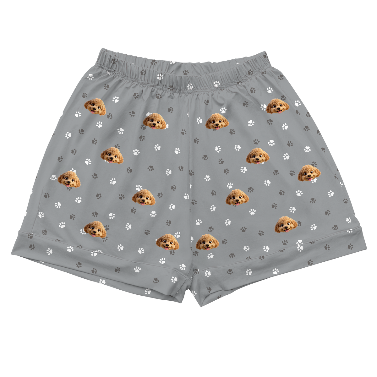 These are cartoon pajama shorts in a gray color with repeating pet faces on them[PajamaShorts]