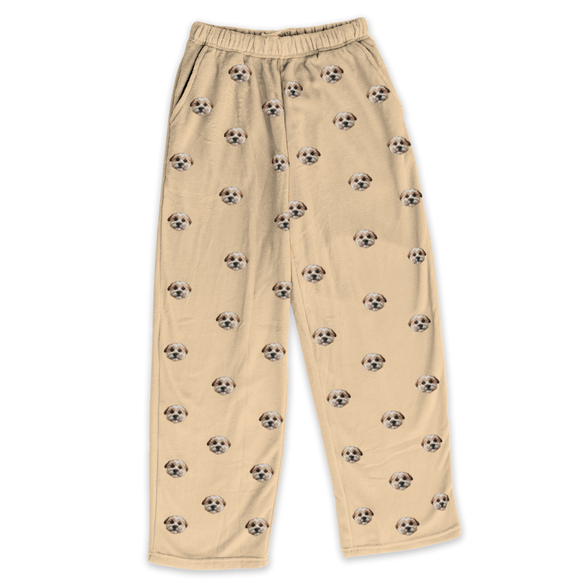 These are pajama pants in a yellow color with repeating pet faces on them