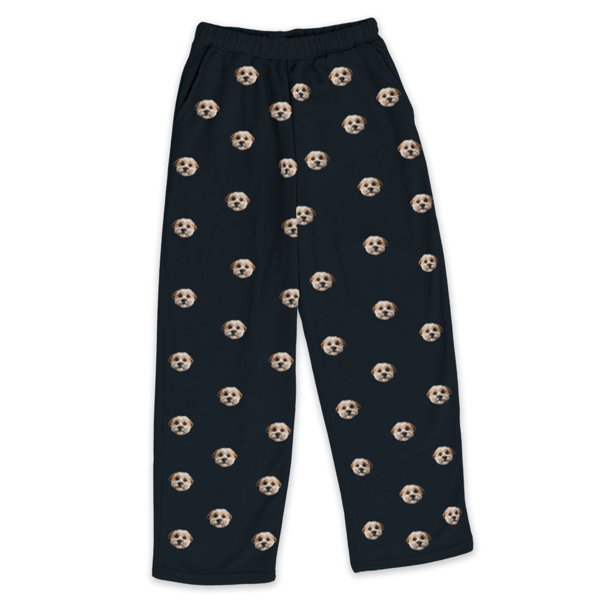 These are pajama pants in a black color with repeating pet faces on them[Black]
