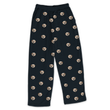 These are pajama pants in a black color with repeating pet faces on them[Black]