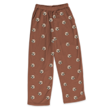 These are pajama pants in a cocoa color with repeating pet faces on them[Cocoa]