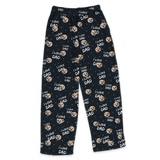 These are pajama pants in a black color with repeating pet faces on them