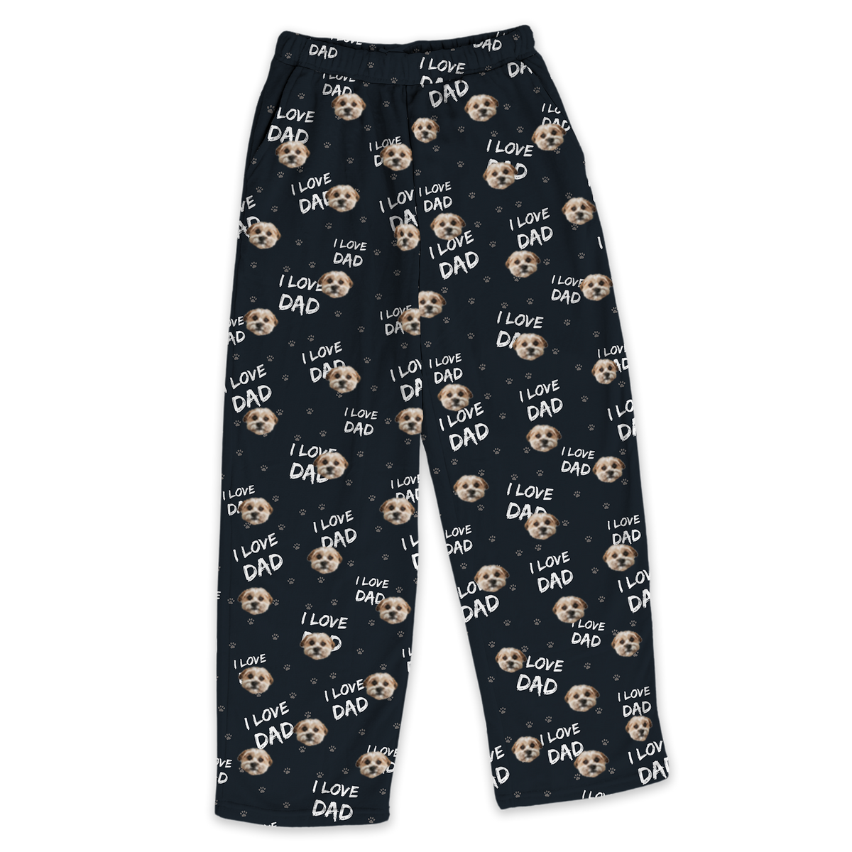 These are pajama pants in a black color with repeating pet faces on them