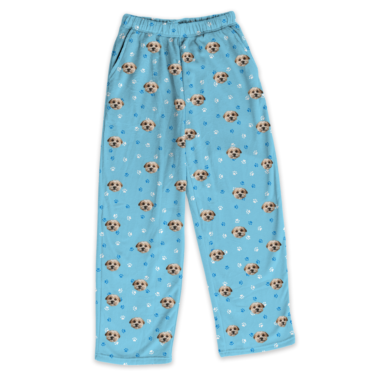 These are pajama pants in a light blue color with repeating pet faces on them[LightBluePaws]