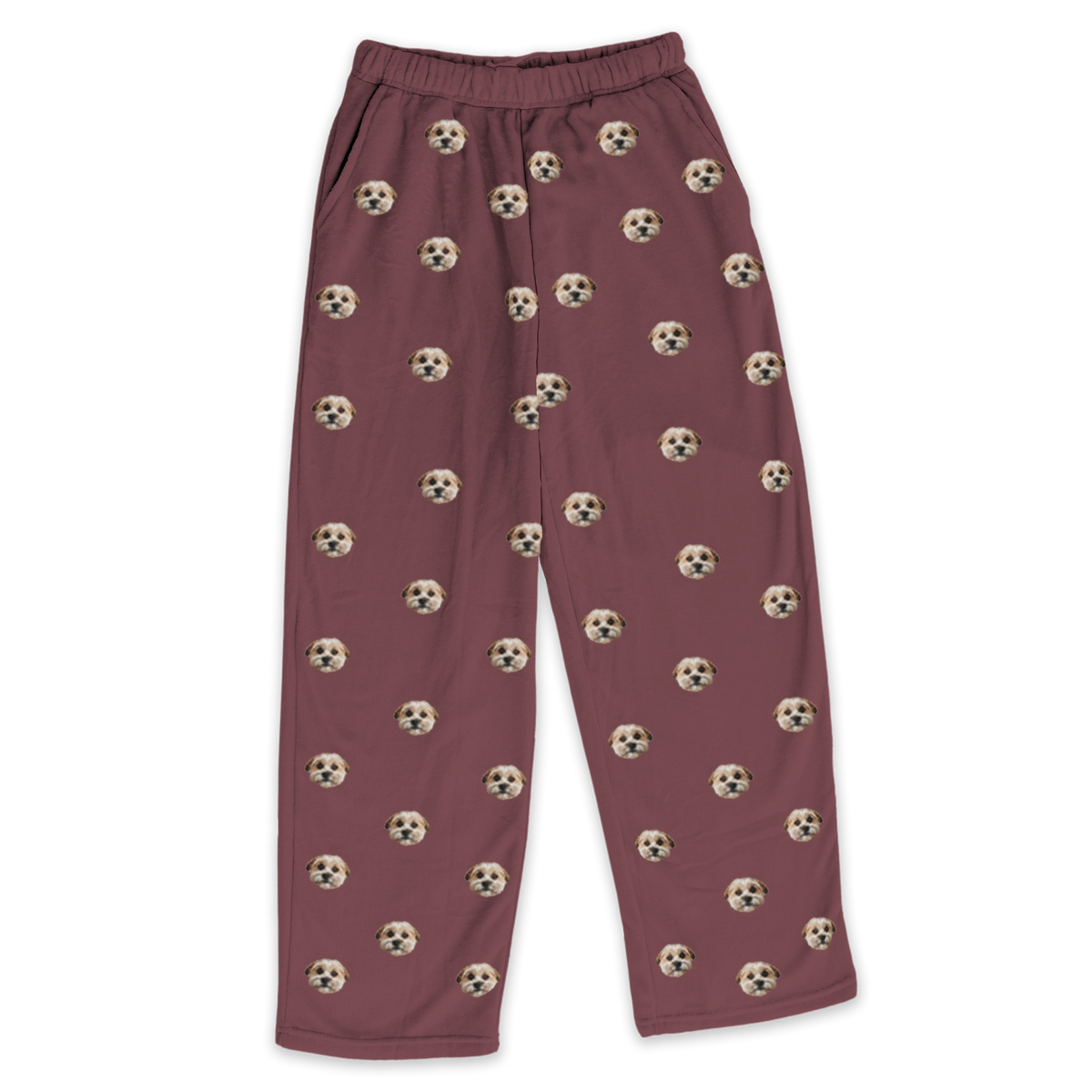 These are pajama pants in a maroon color with repeating pet faces on them