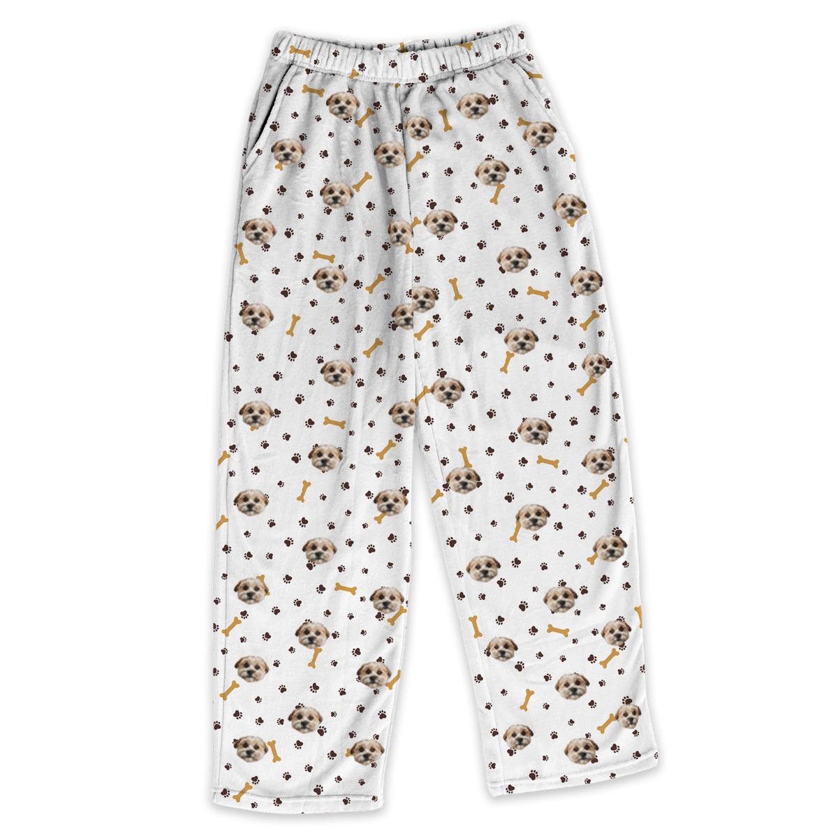 These are pajama pants in a white color with repeating pet faces on them