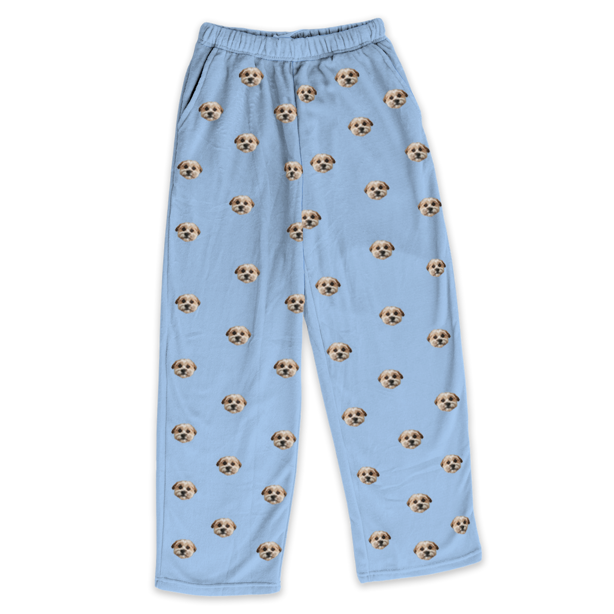 These are pajama pants in a sky blue color with repeating pet faces on them