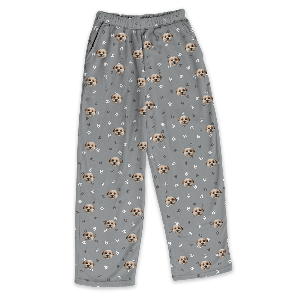 These are pajama pants in a gray color with repeating pet faces on them