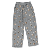 These are pajama pants in a gray color with repeating pet faces on them