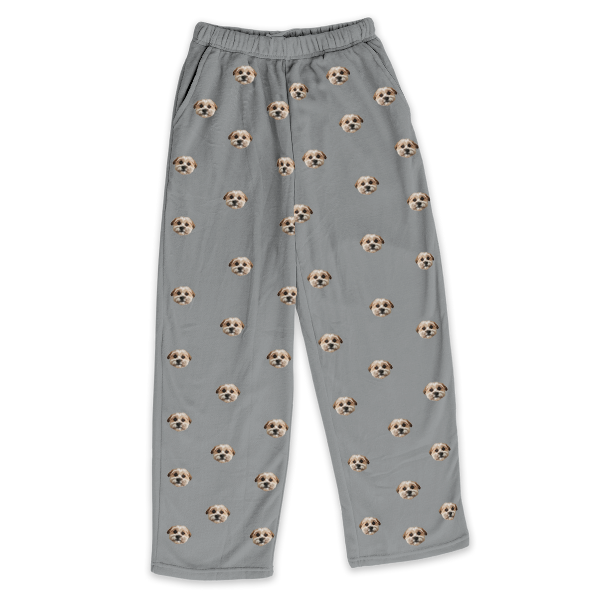 These are pajama pants in a gray color with repeating pet faces on them