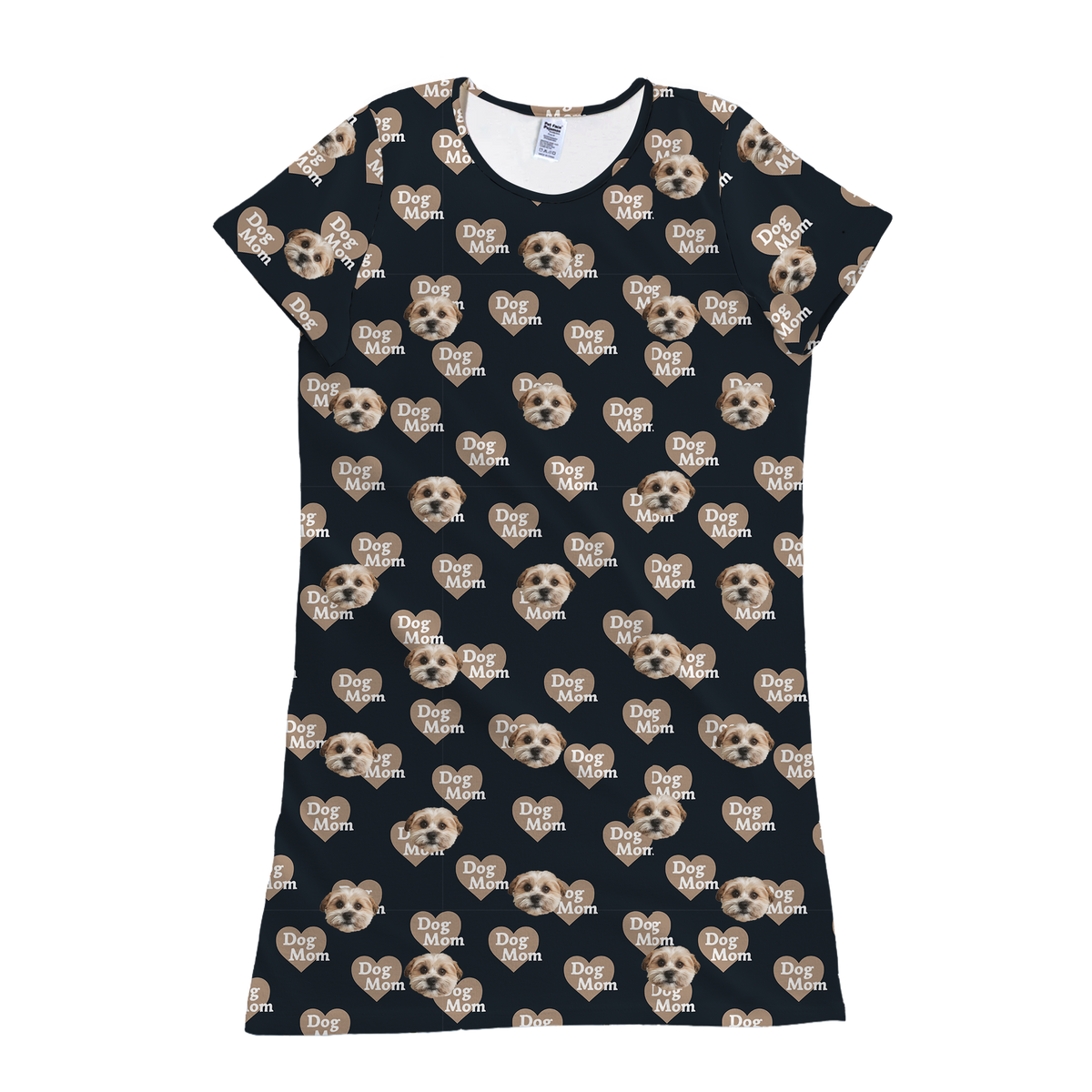 A product shot of a short-sleeve pajama or nightgown style T-shirt dress in black. The fabric is patterned with repeated prints of a dog's face placed inside tan heart shapes, along with the phrase "Dog Mom" printed on the hearts.