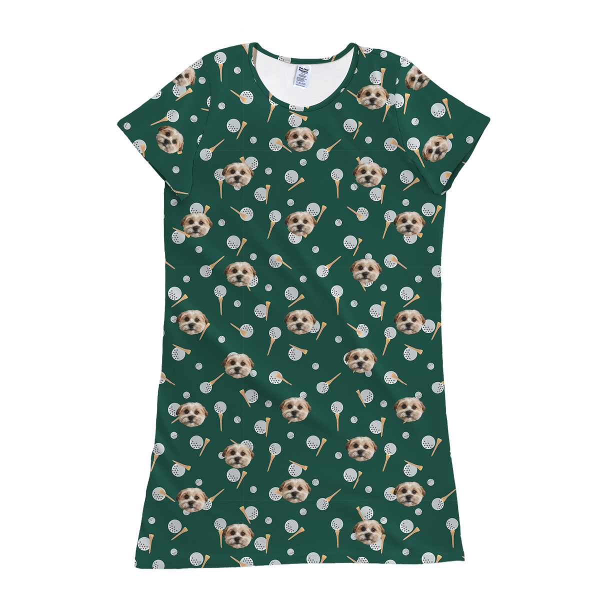 A product shot of a short-sleeve pajama or nightgown style T-shirt dress in dark green. The fabric is patterned with repeated prints of a dog's face.