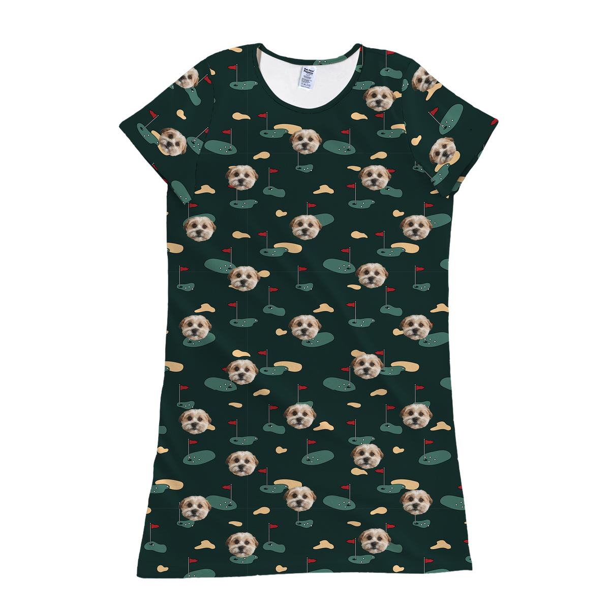 A product shot of a short-sleeve pajama or nightgown style T-shirt dress in dark green. The fabric is patterned with repeated prints of a dog's face.