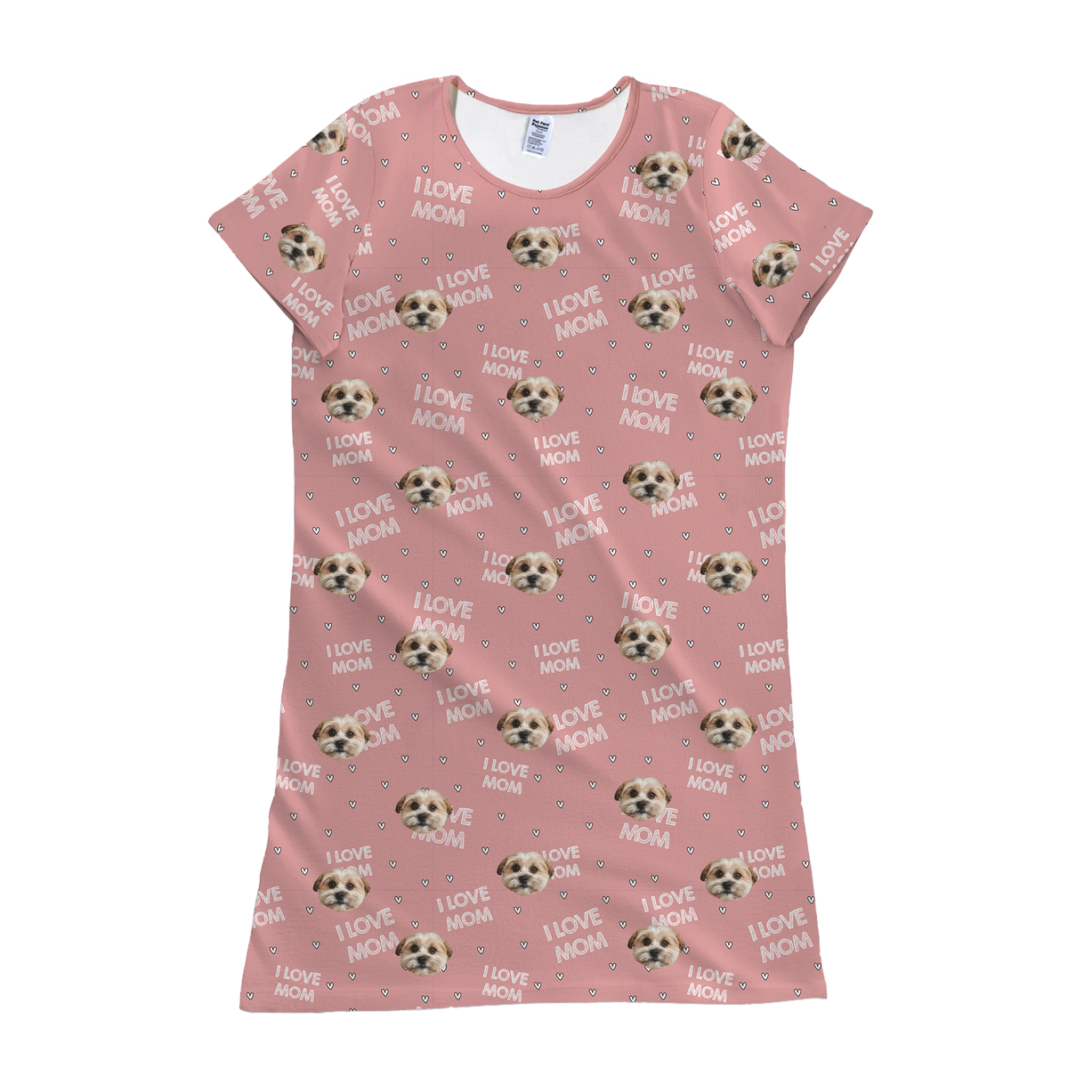 Pink nightgown with dog pattern and white i love mom text