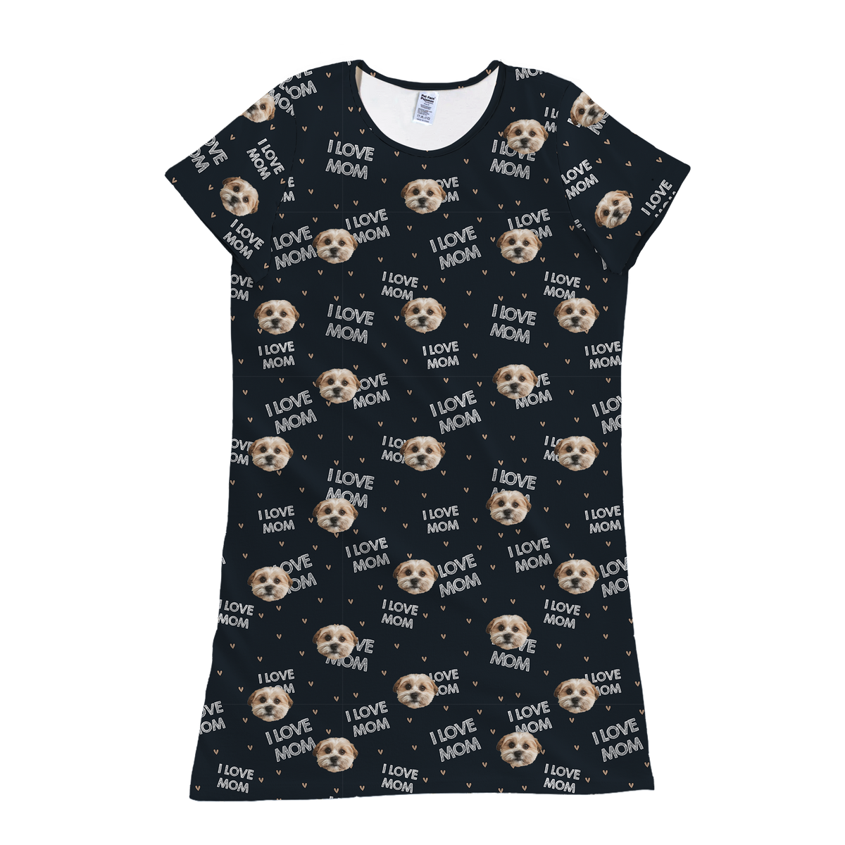 A product shot of a short-sleeve pajama or nightgown style T-shirt dress in black. The fabric is patterned with repeated prints of a dog's face and the phrase "I LOVE MOM" in white or tan text, along with small heart shapes.