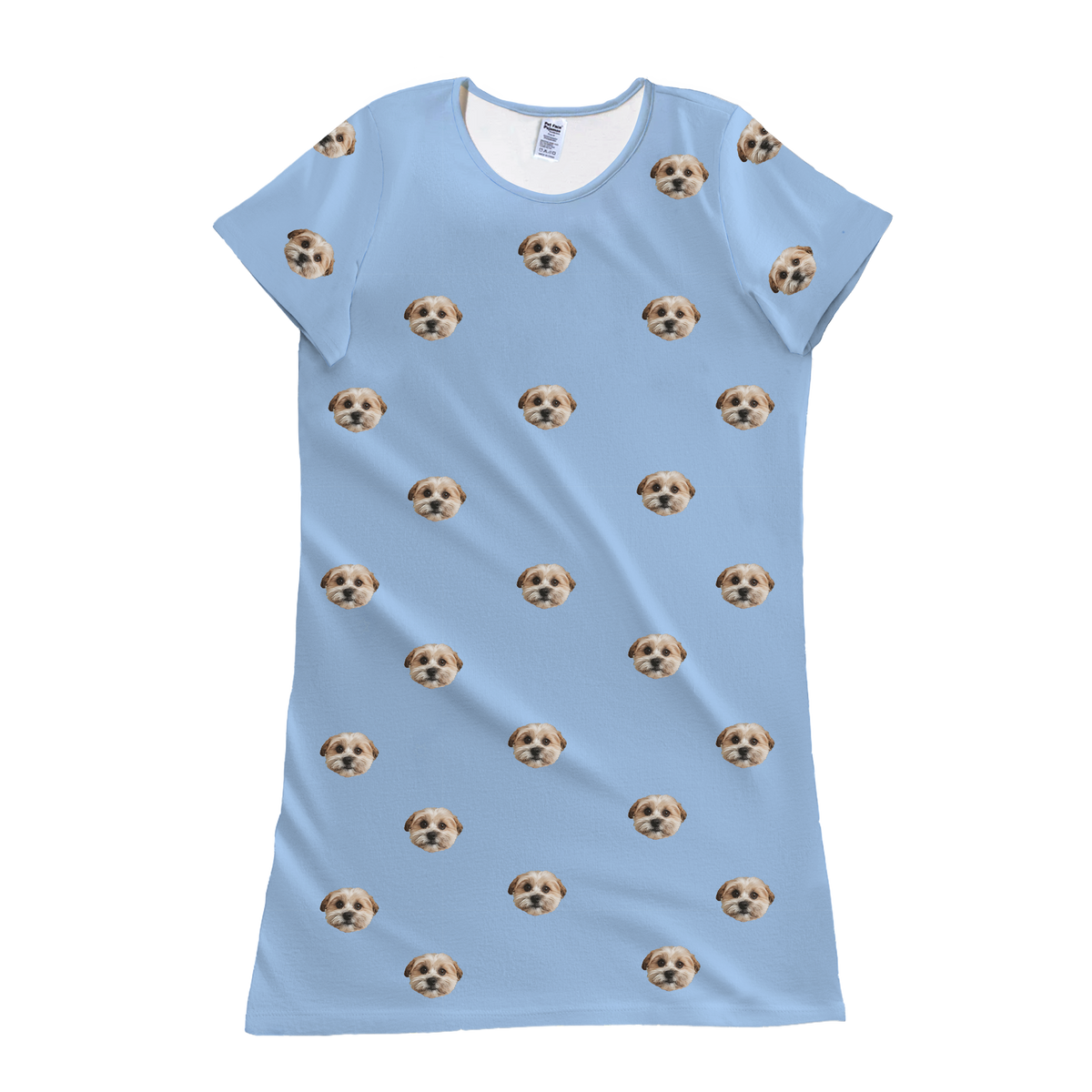 Sky blue nightgown with dog pattern on a white background