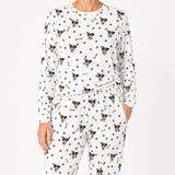 White jogger pajama set with dog pattern on a white background